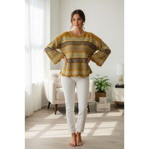 UMGEE GOLD STRIPED CREW NECK SWEATER WITH LONG FLARED SCALLOPED SLEEVES